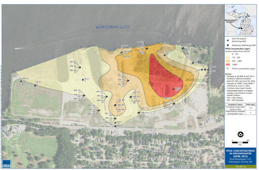 This PFOA Concentration in Groundwater Map of the Sappi Paper Mill Brownfield  shows a zone of 1000+ ng/L at the NE corner of the Property. It has a similarly shaped zone around it is 500-1000 ng/L. Then the next zone extents W to past midline and S close